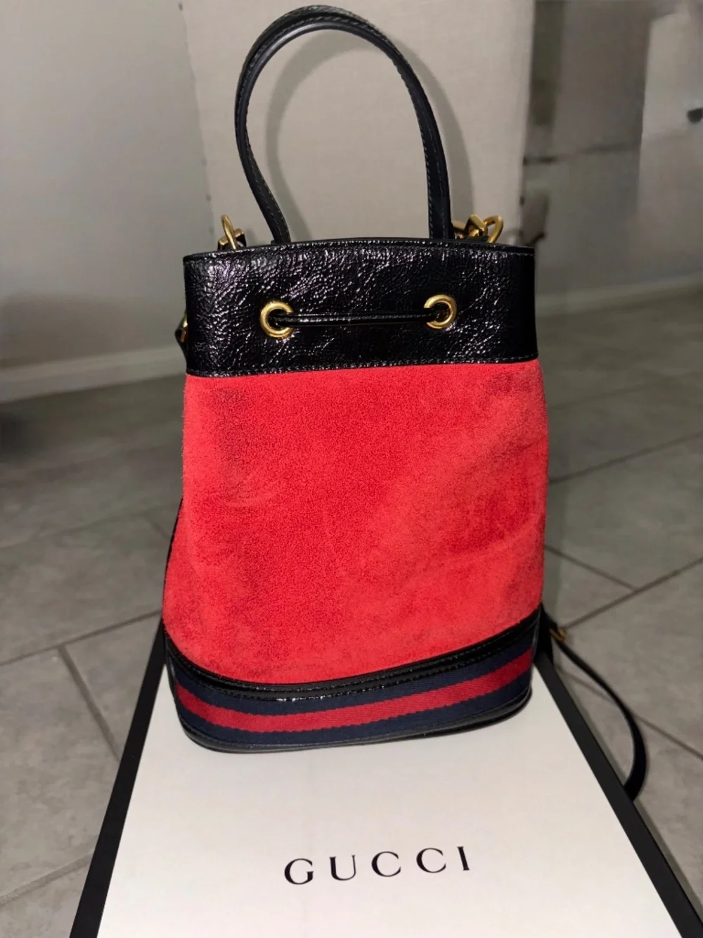 GUCCI Red Suede Black Patent Ophidia Bucket Bag Crossbody Like New! - Picture 9 of 16